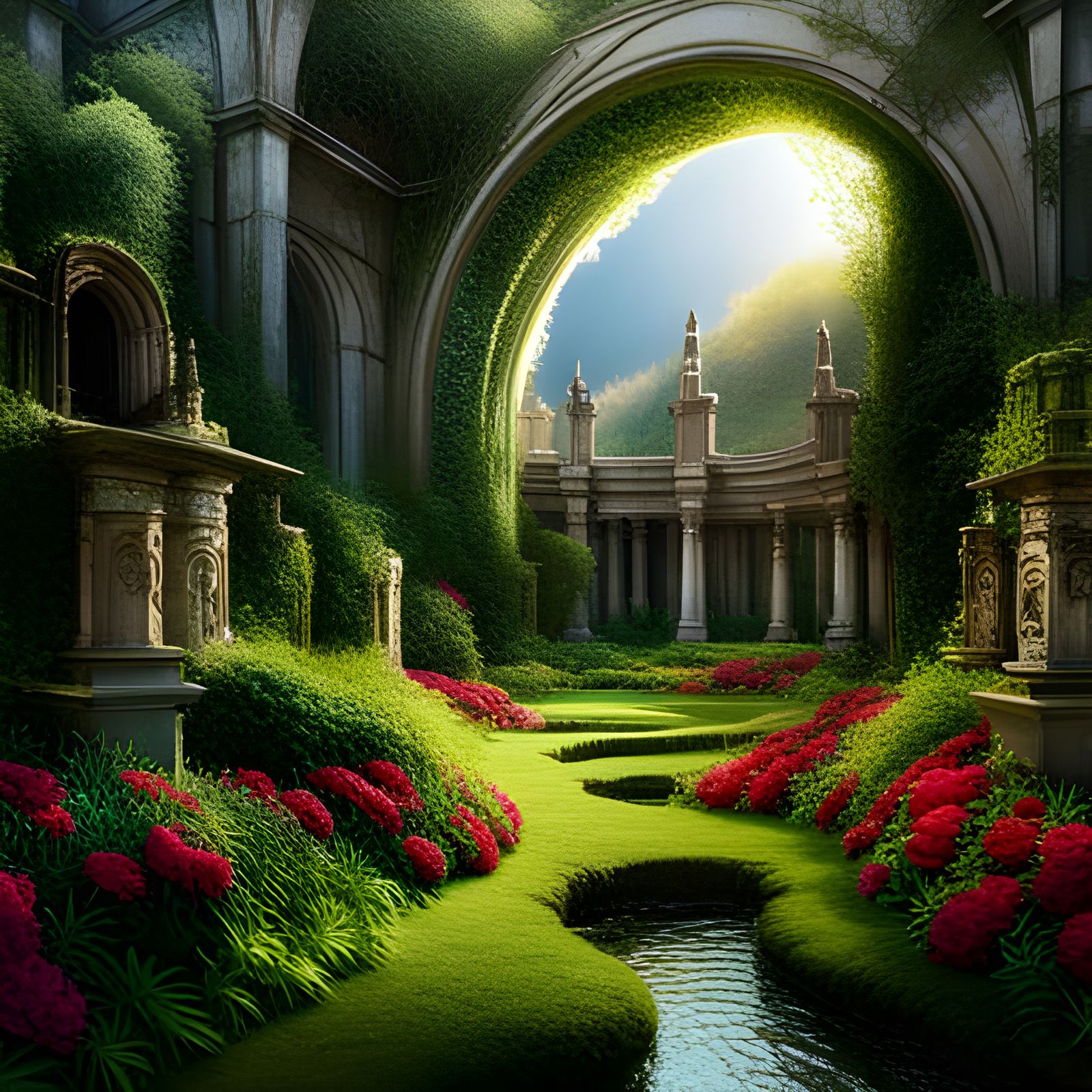 Secret flower garden. Ancient Ruins Epic cinematic brilliant...