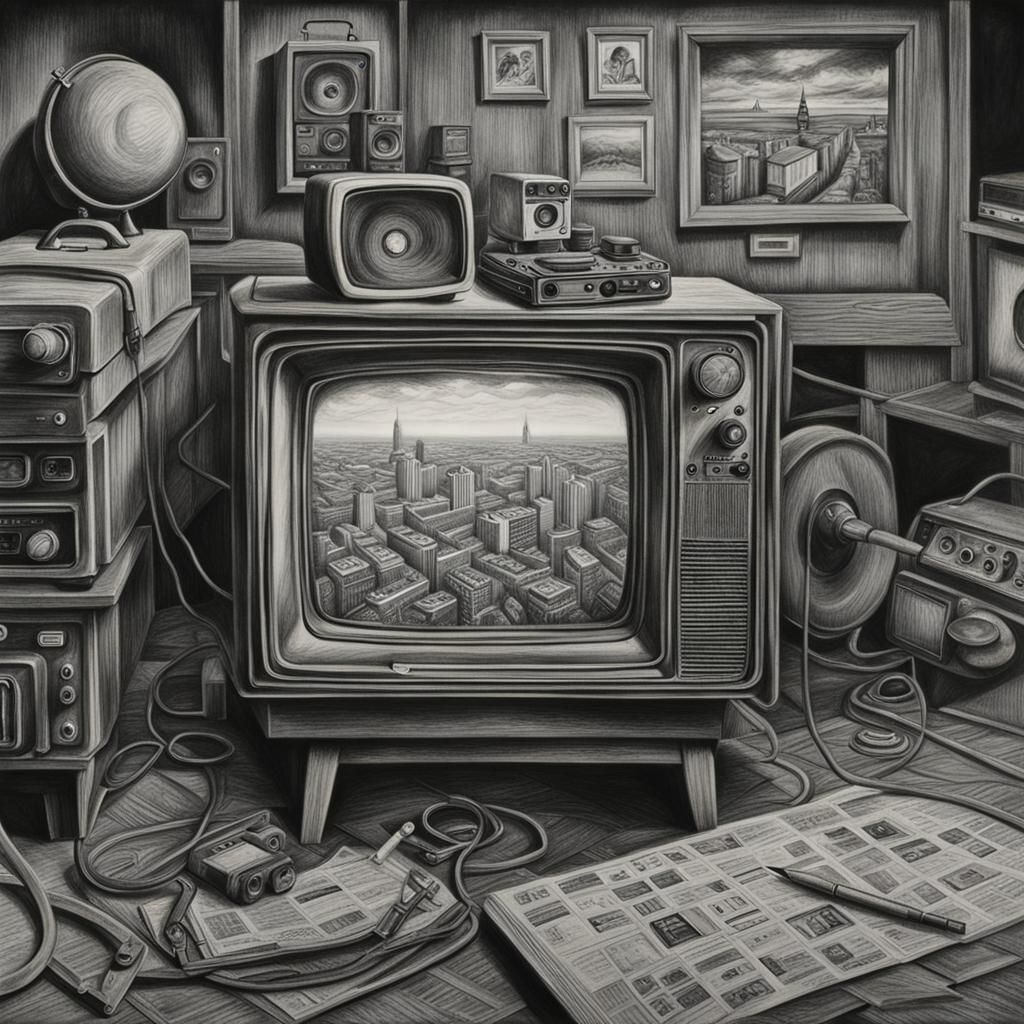 Hyperdetailed Charcoal Drawing of a Television