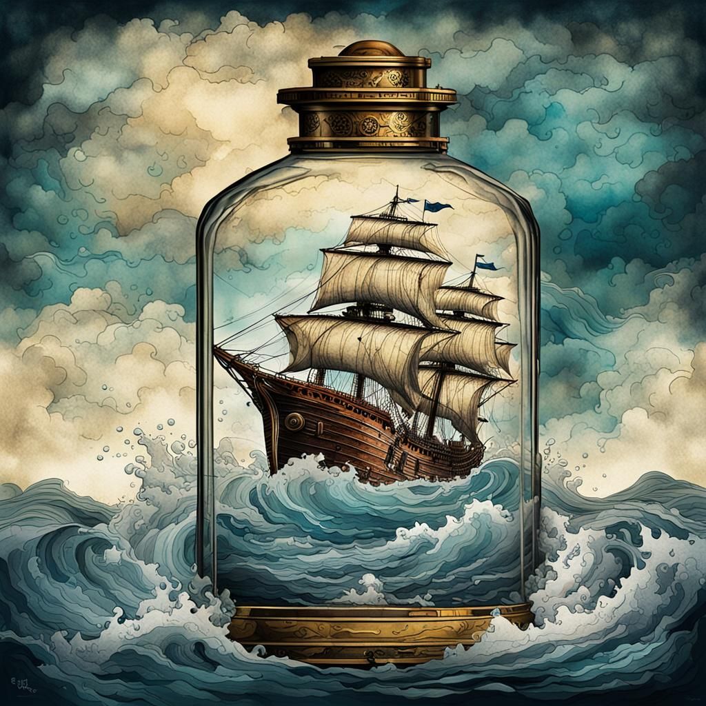 Ship in Bottle: Steampunk Ink Painting on Crumpled Paper