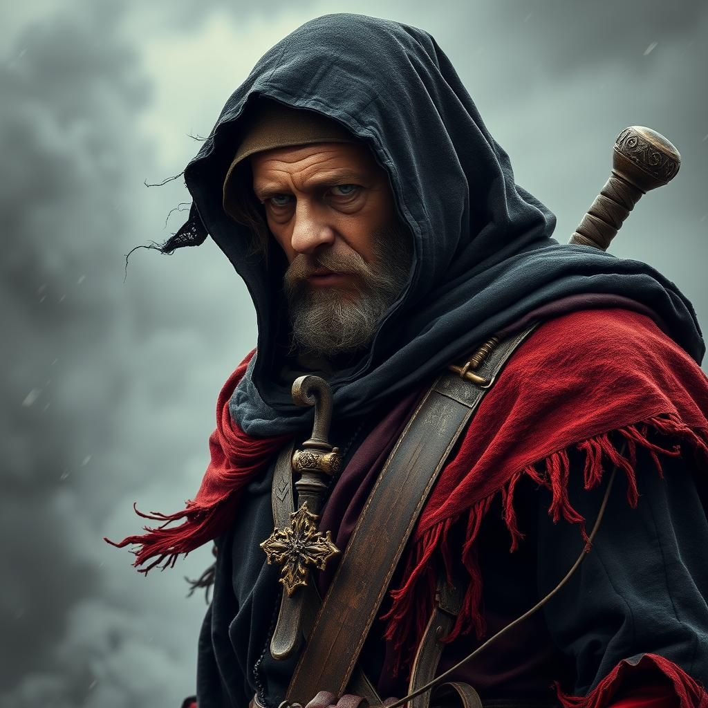 Battle-Hardened Monk in Tattered Robe, Hyper-Realistic 8K