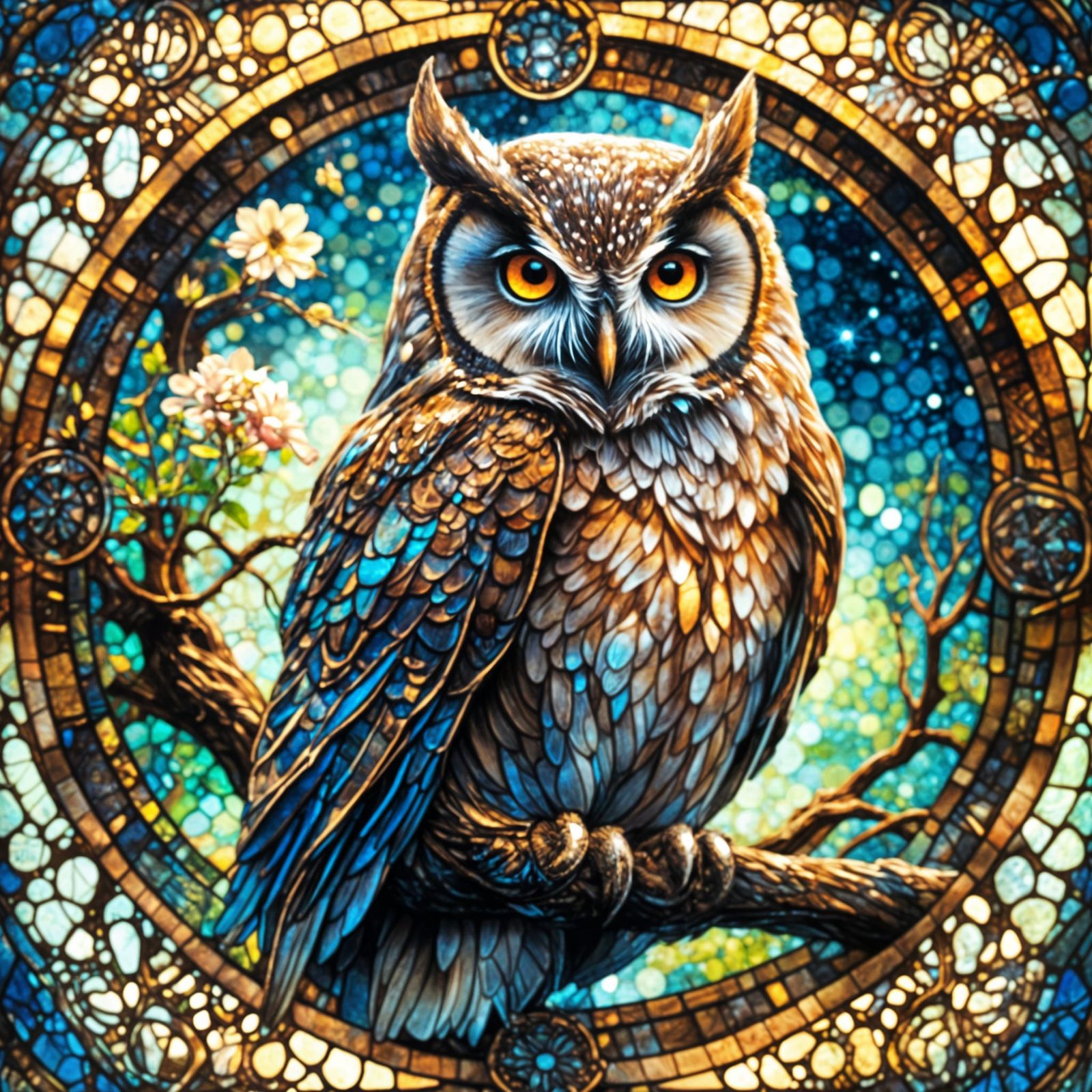 Luminous Owl in Stained Glass Landscape