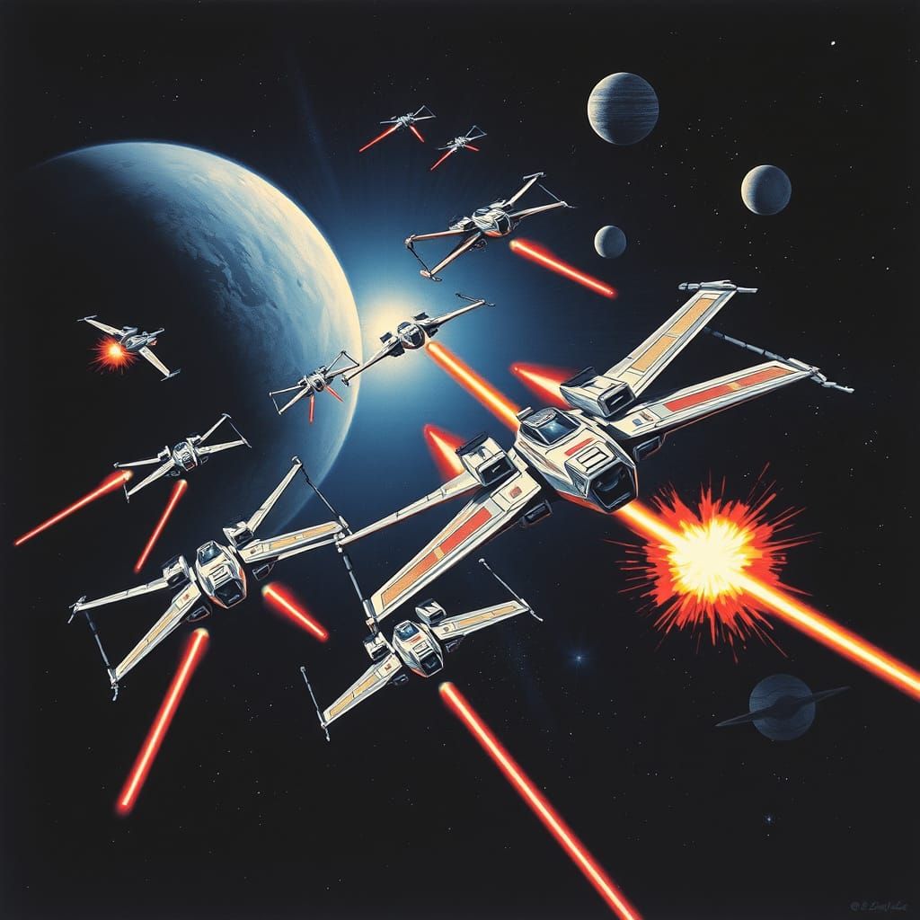 Sleek Starfighters Engage Imperial Tie-Fighters in Dark Spac...