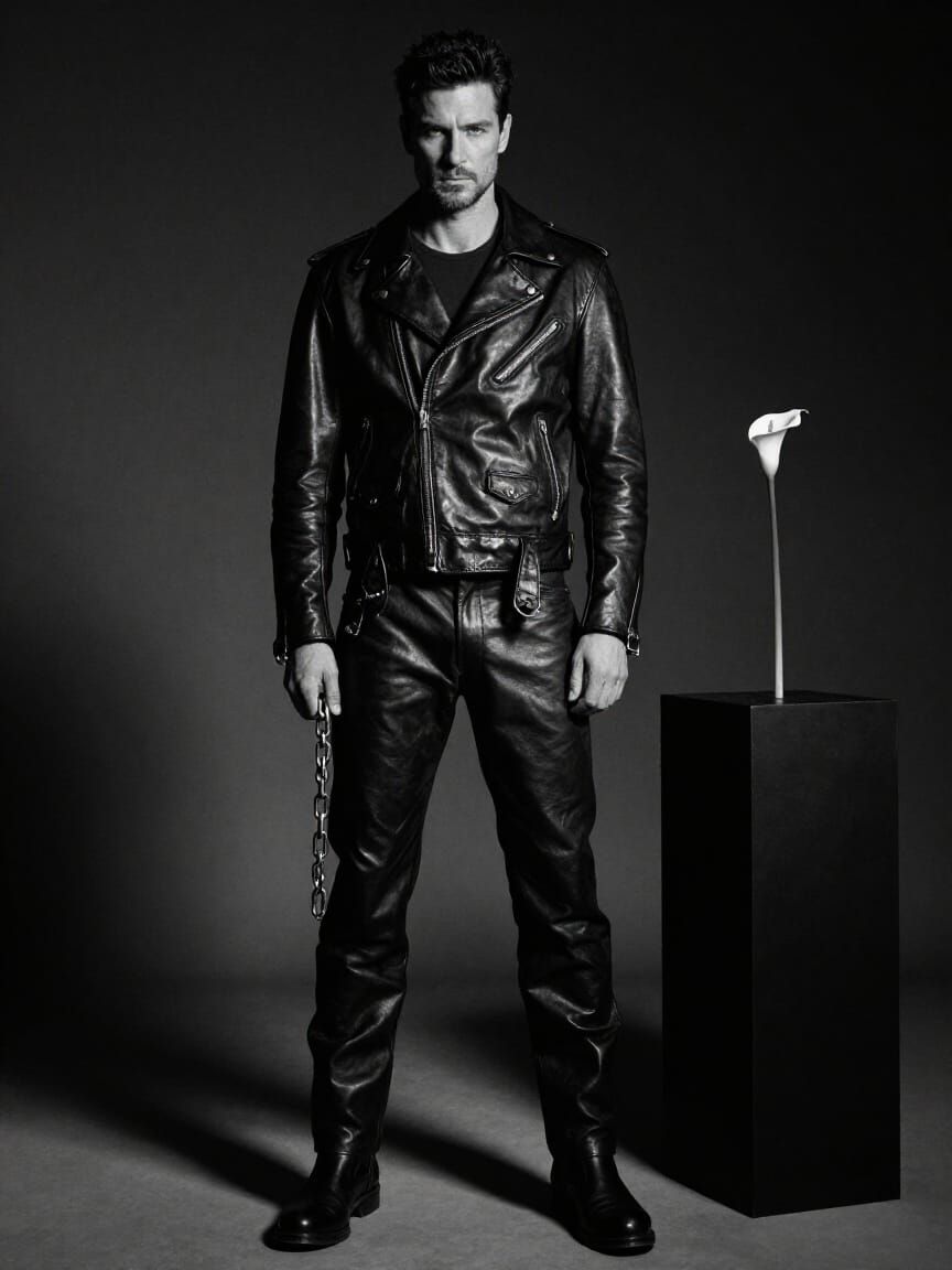 Rugged Biker in Dramatic Grayscale Studio Portrait