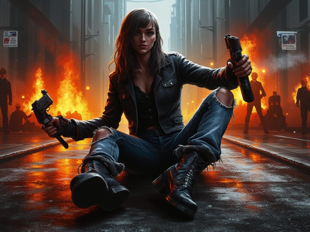 Revolutionary Woman in Ripped Jeans, Concept Art Masterpiece