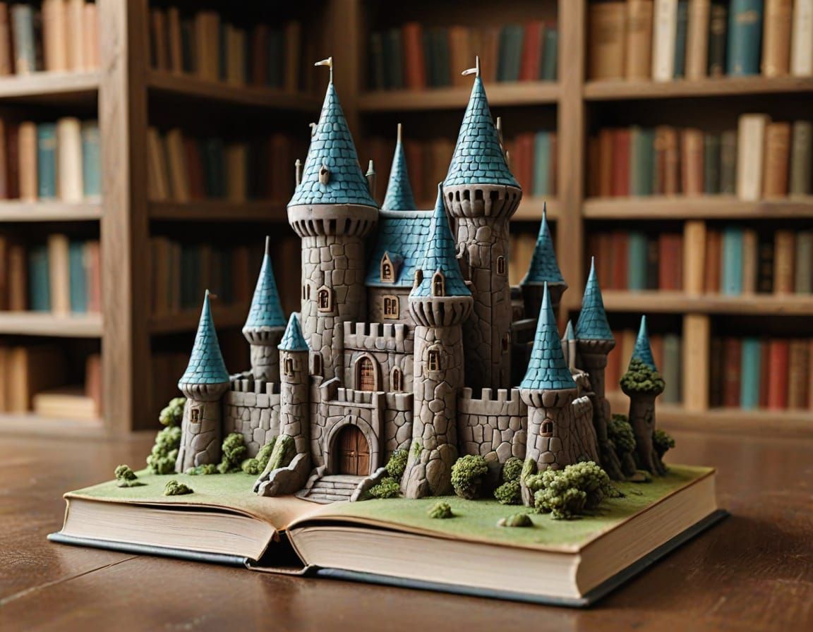 Miniature Clay Castle on Bookshelf