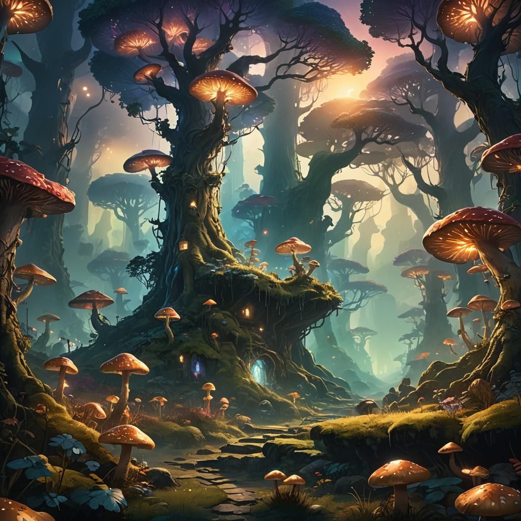 Mystical Forest with Glowing Mushrooms in Matte Painting Sty...
