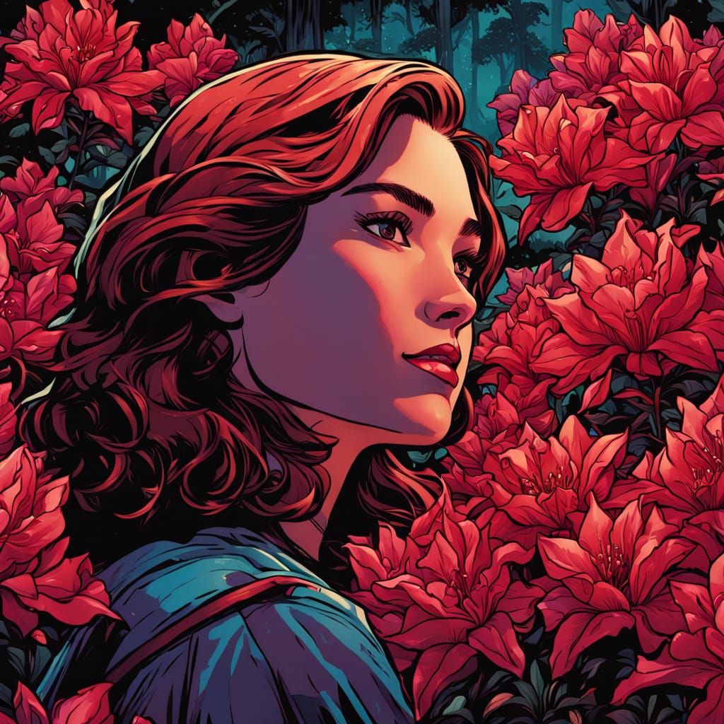 Comic Book Art: Woman Gazes at Dark Crimson Azaleas