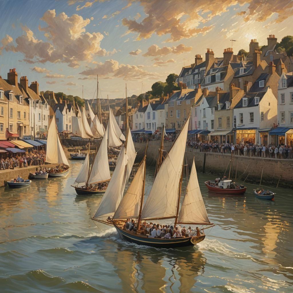 Sailing Boat Races in Harbor, Impressionist Painting