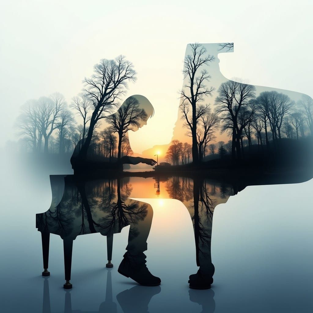 Girl at Piano Silhouette in Double Exposure River Landscape