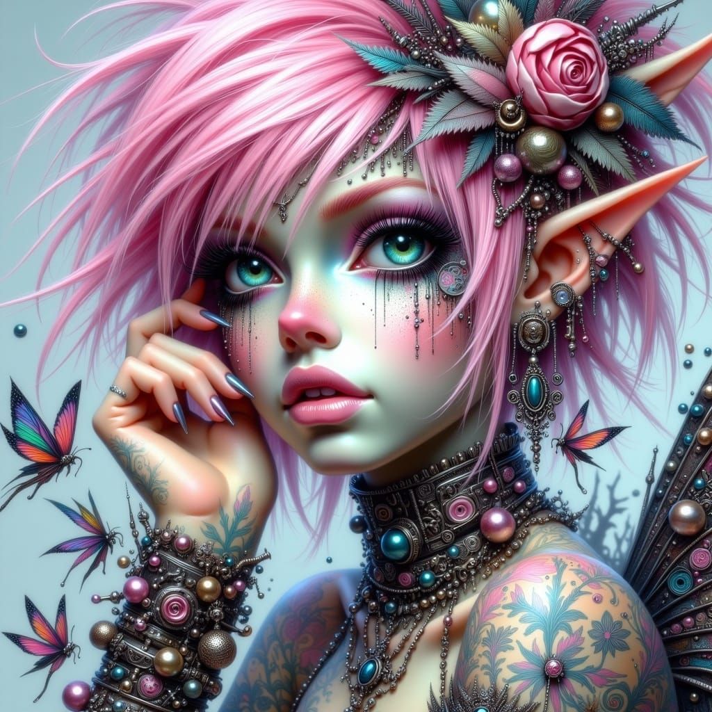 Punk Elf Queen with Pink Hair in Fantasy Style