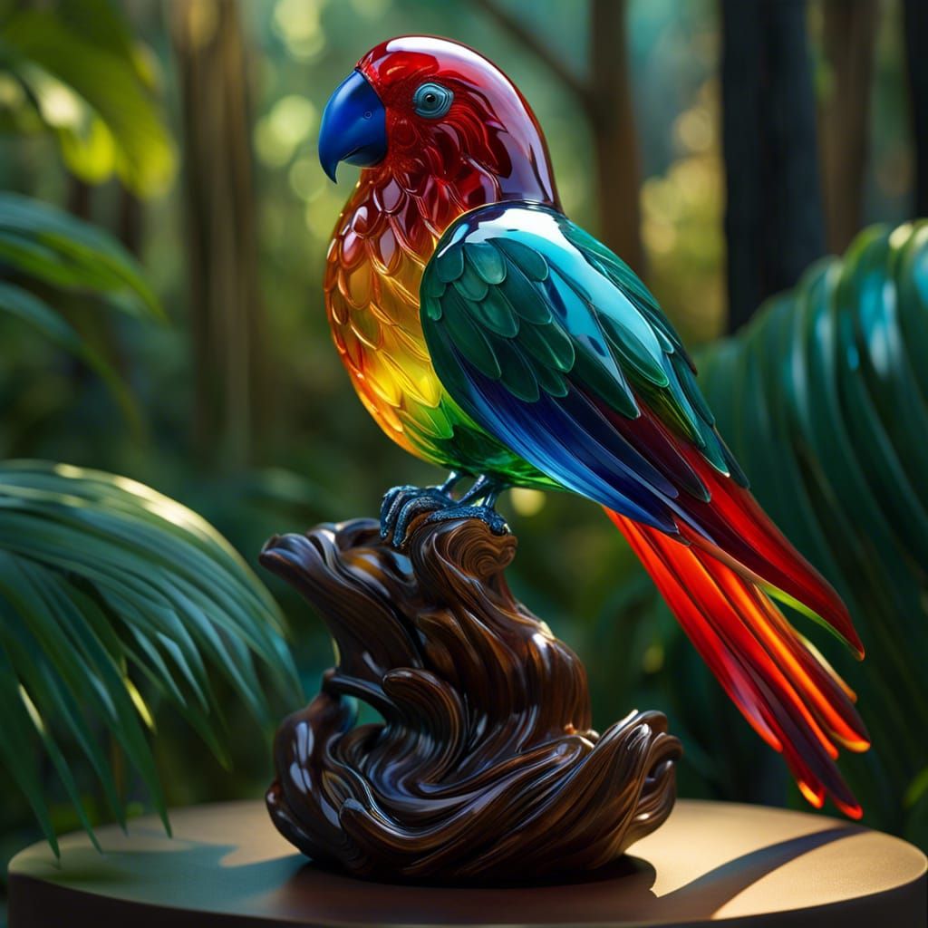 Colorful Glass Parrot Sculpture in Forest, 8K