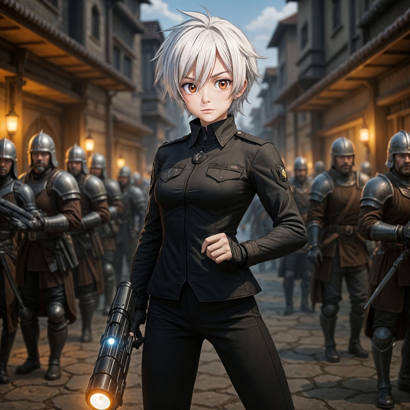 Anime Warrior in Medieval Market with Laser Pistol