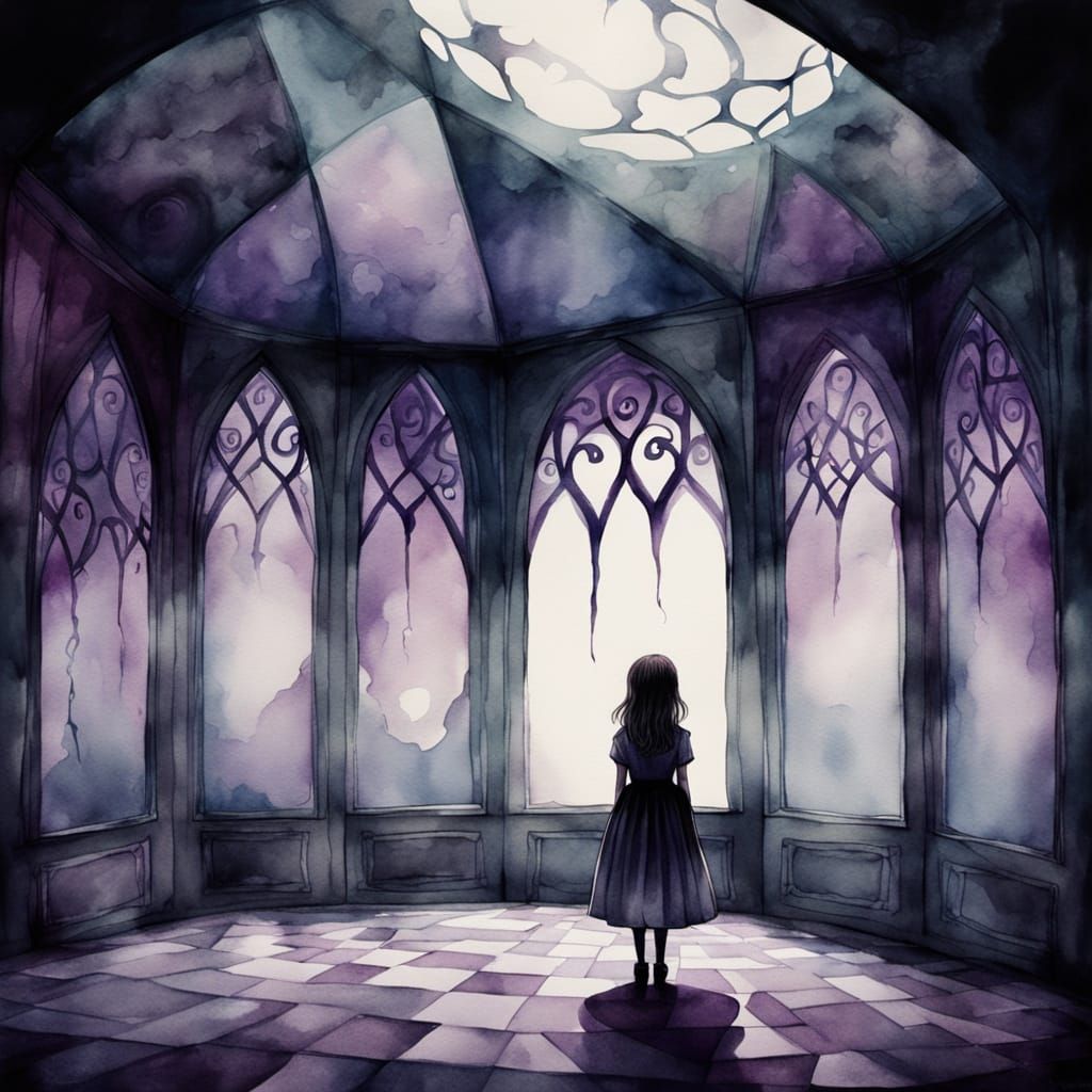 Pale Girl in Gothic Room: Watercolor Dark Fantasy