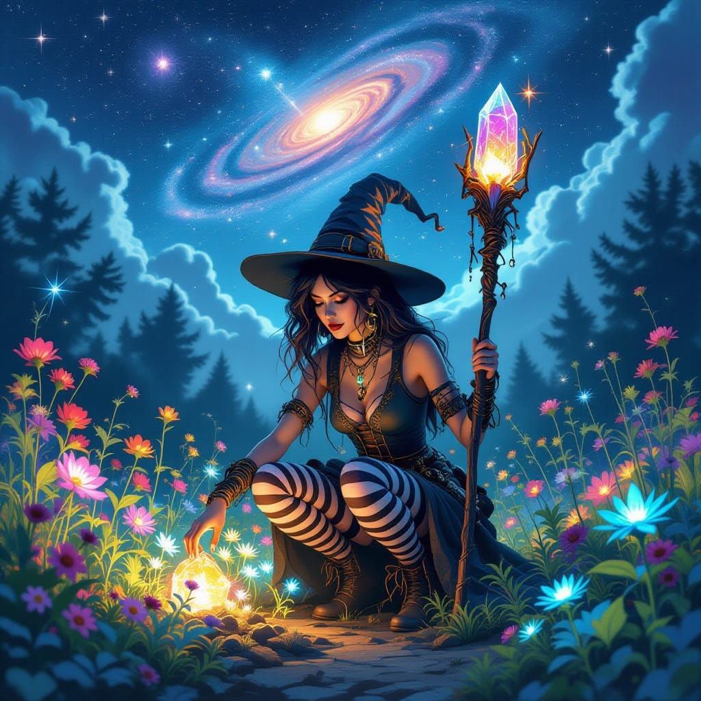 Punk Witch Tends to Bioluminescent Garden in Celestial Lands...