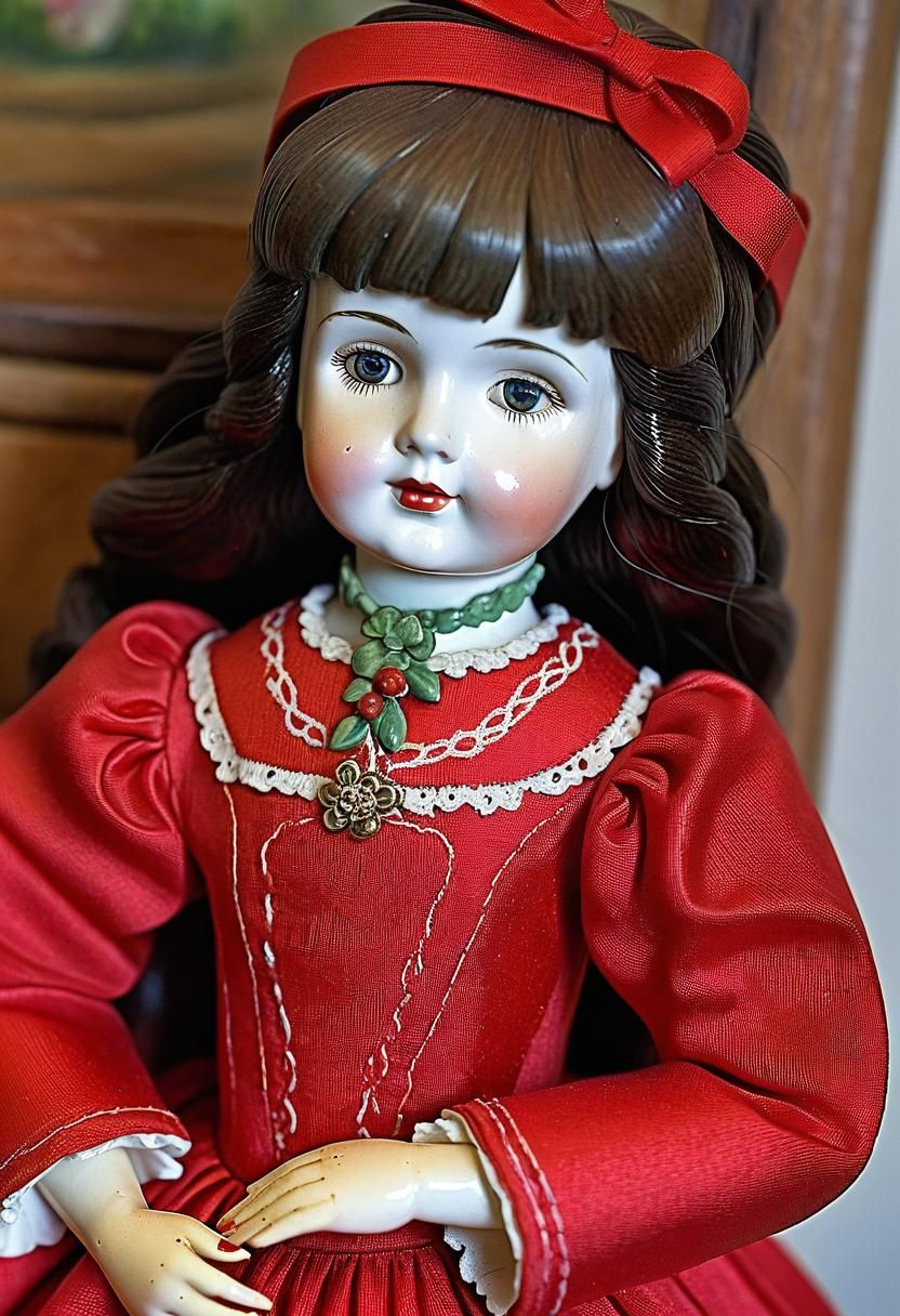 Brunette Doll in Red Gown, Majolica Style