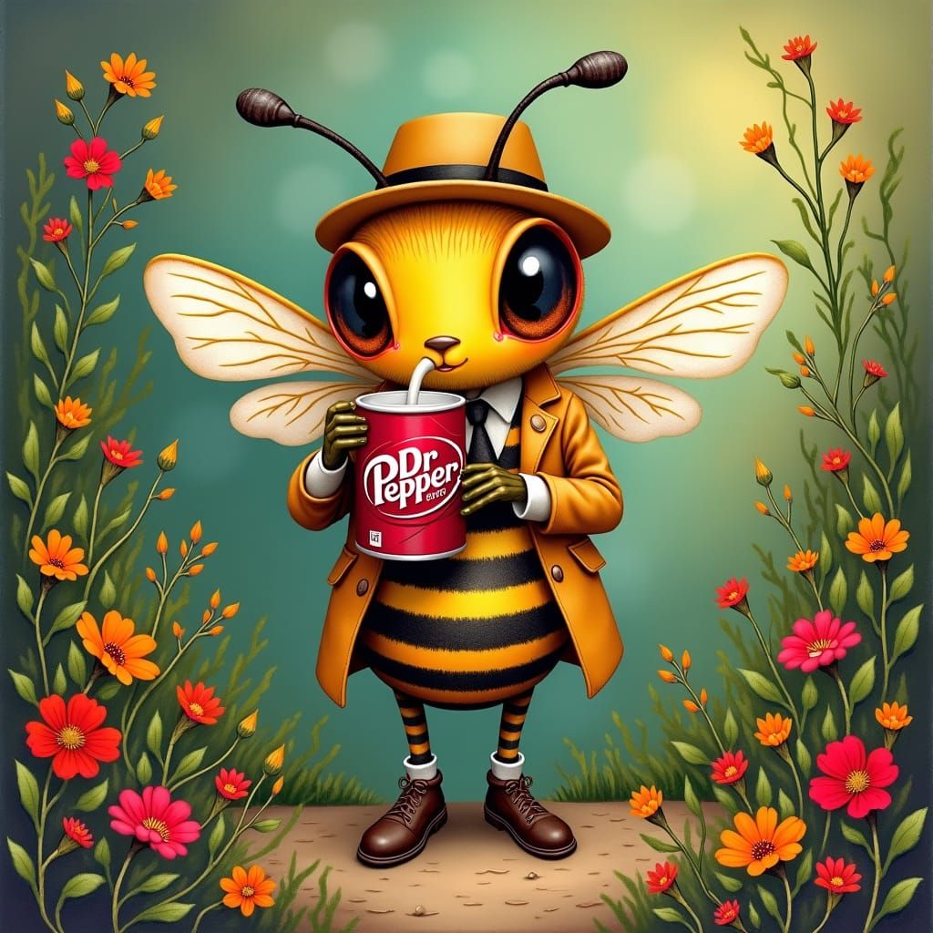 Honey Bee Sips Dr. Pepper in Folk Art Style