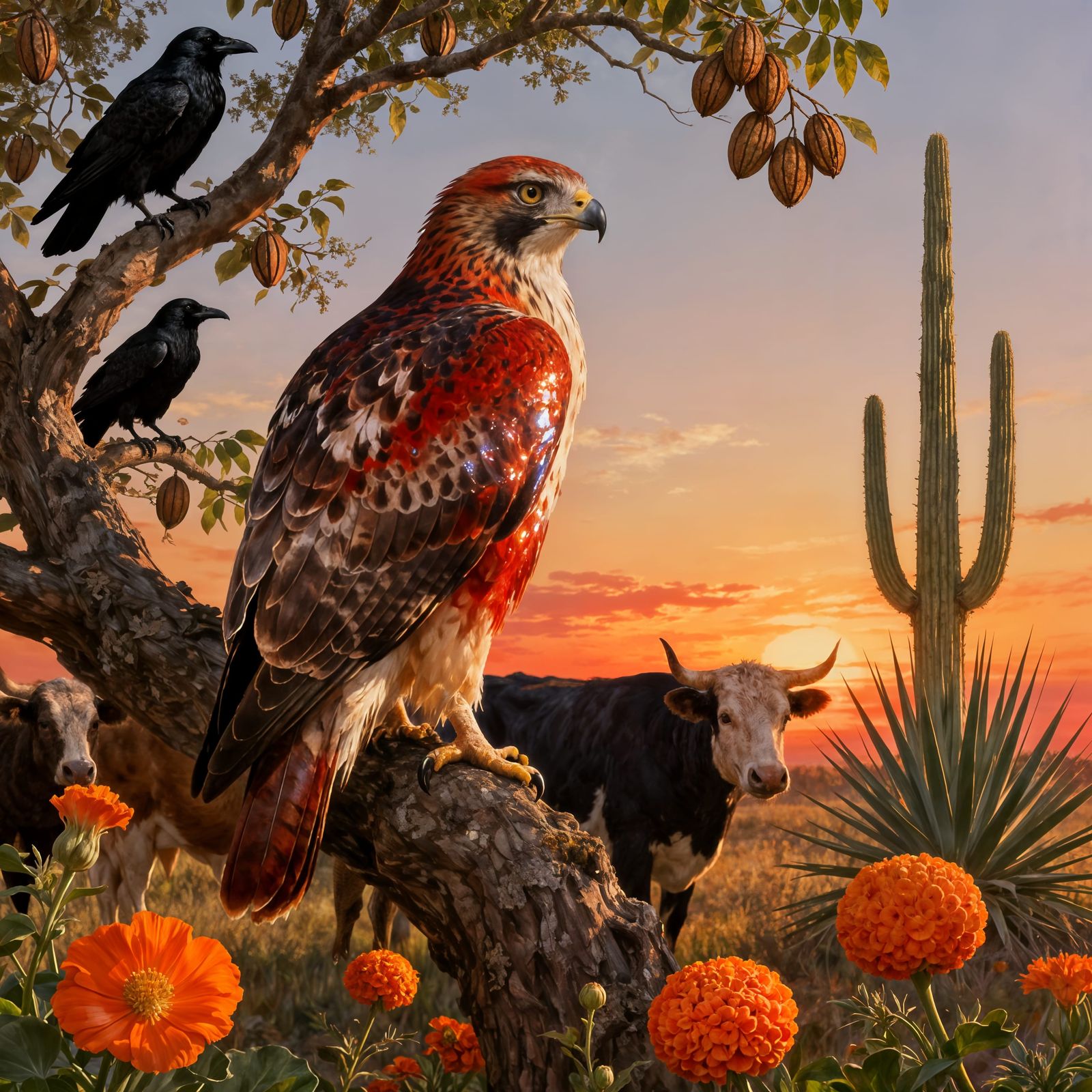 Hyper-Realistic Red Tail Hawk on Pecan Tree at Sunset