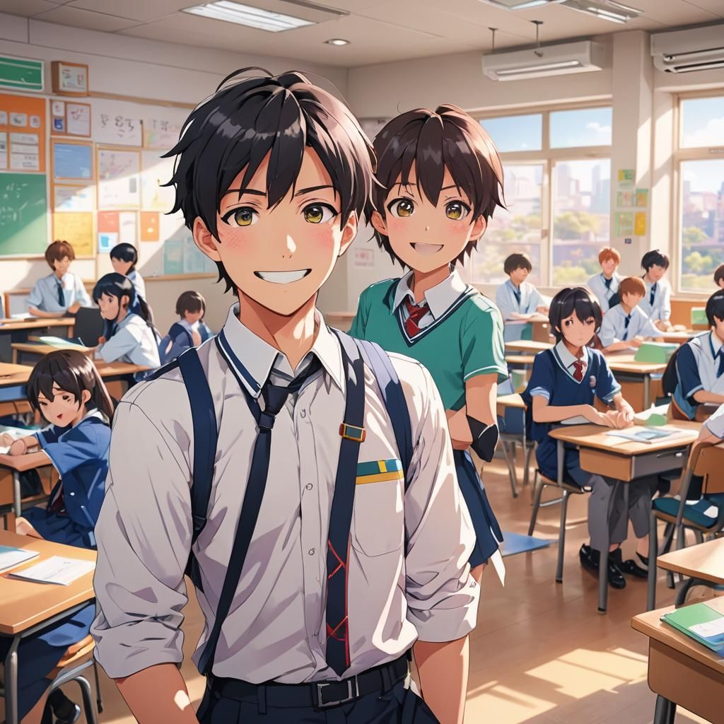 Anime Schoolboy in Colorful Classroom: Key Visual