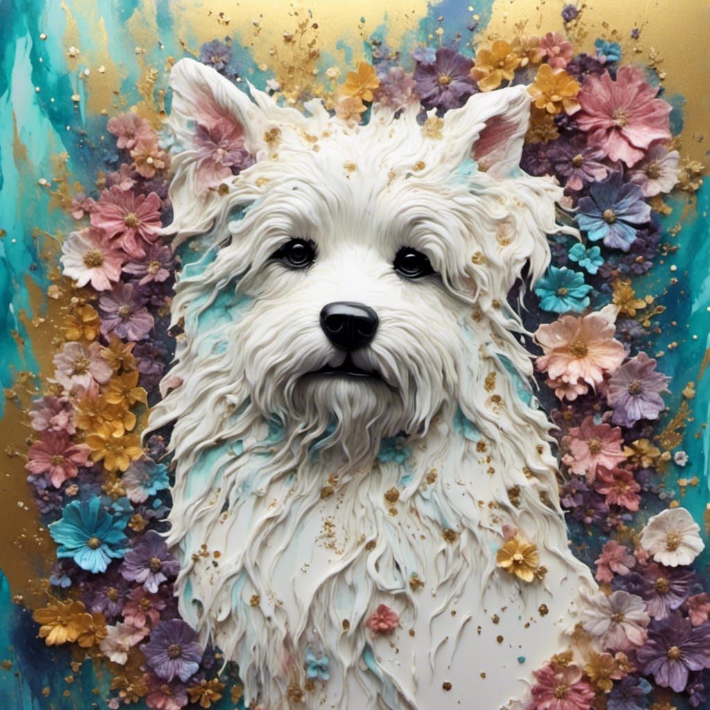 Fluffy Dog Oracle Card with Snow Flowers