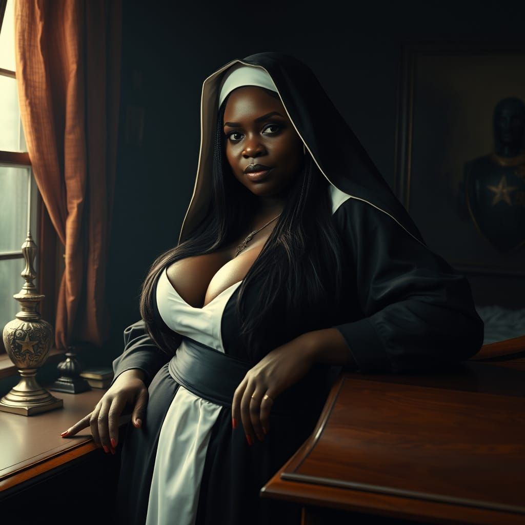 Sinister Nun in Dark Bedroom: Cinematic Digital Art