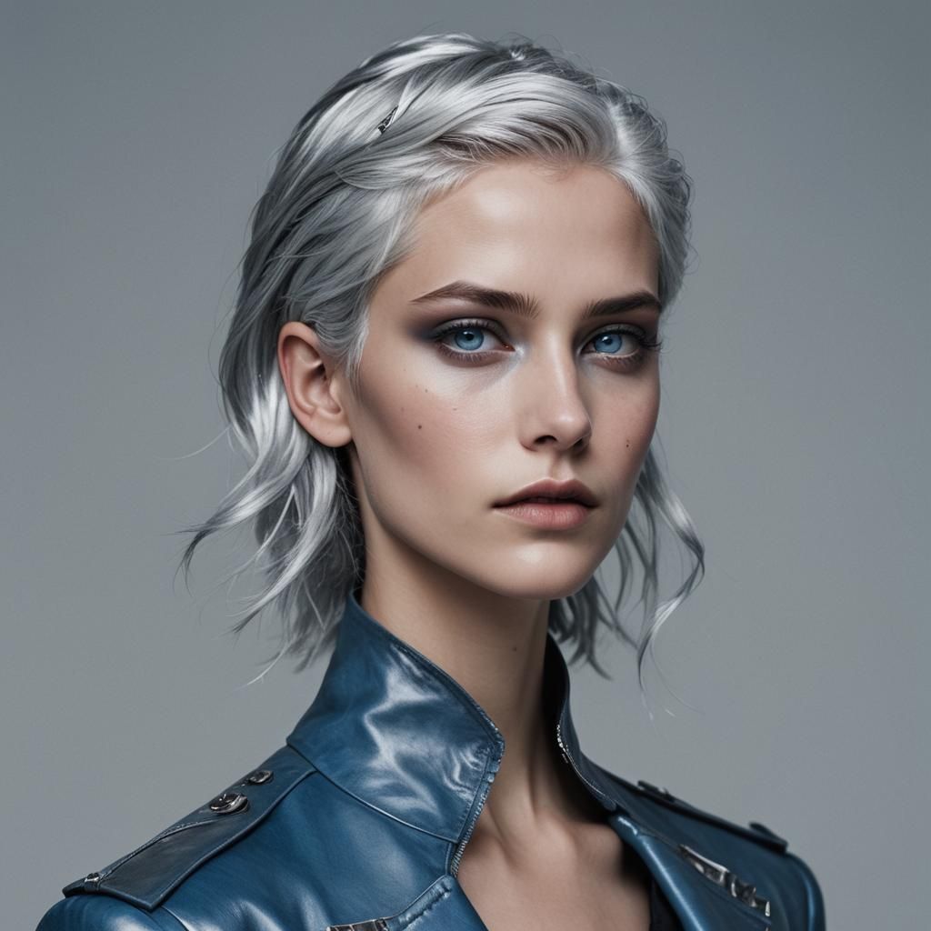 Androgynous Beauty with Silver Hair and Leather