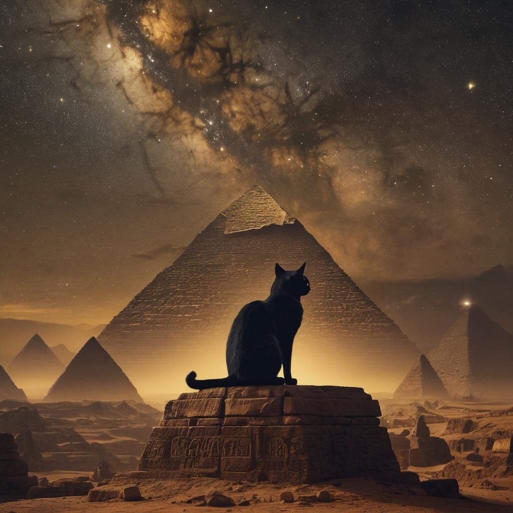 Black Cat Under Starry Pyramids: Cinematic Digital Art