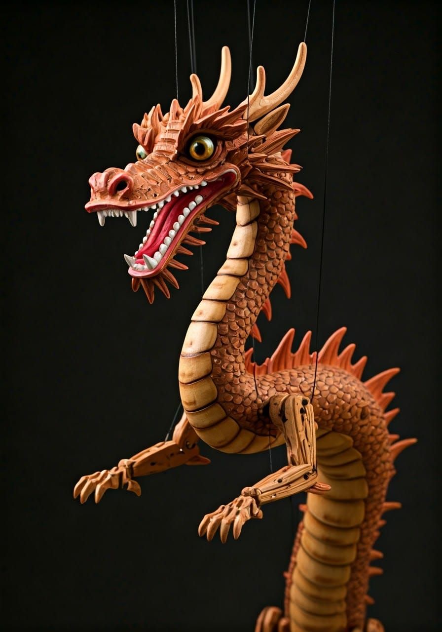 Photorealistic Wooden Dragon Marionette