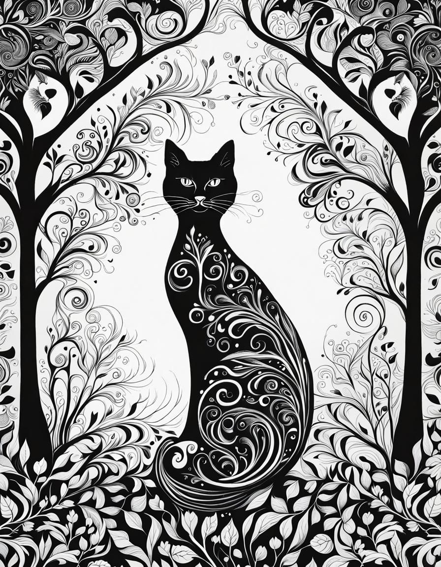 Cosmic Whimsical Cat in Black Ink Style
