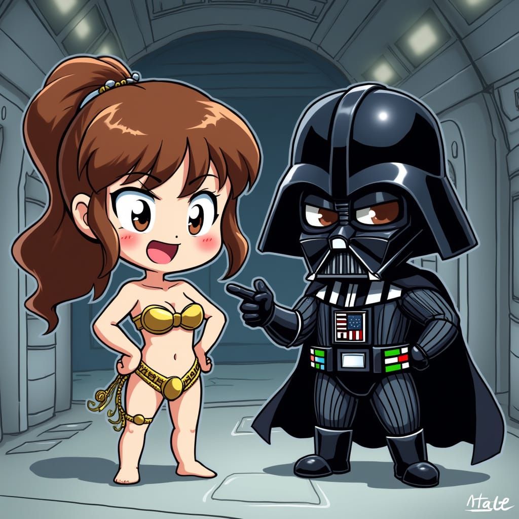 Chibi Leia Confronts Darth Vader in Cartoon Style