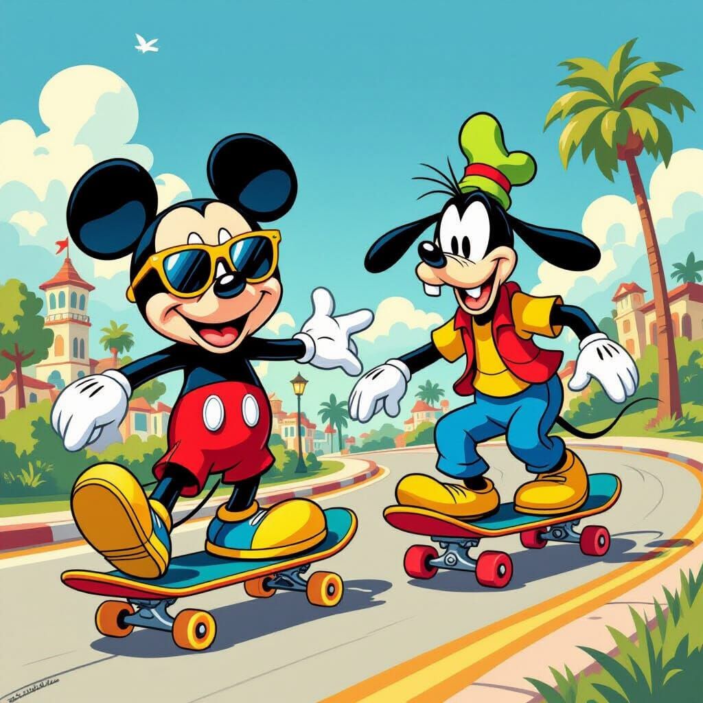 Mickey Mouse and Goofy Skateboarding in Cartoon World