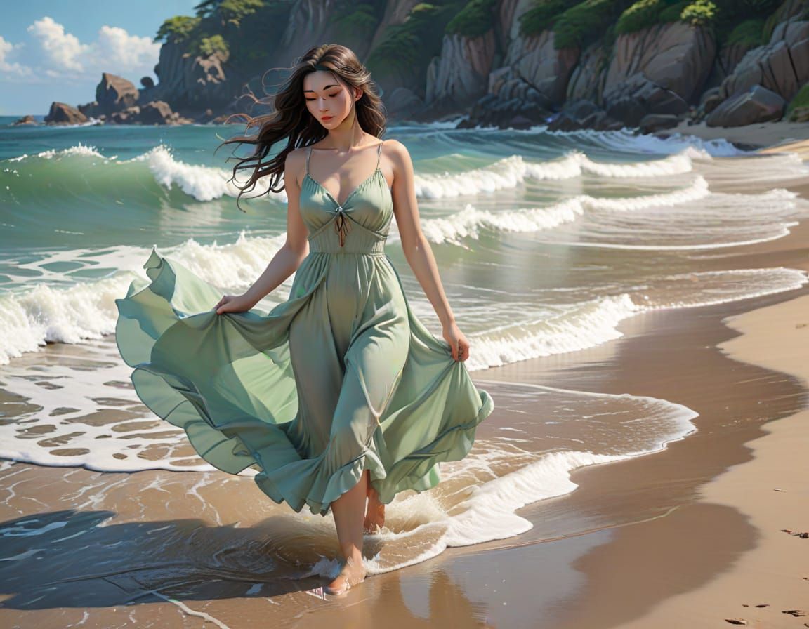 Ethereal Gypsy Lady Wading in Calm Ocean