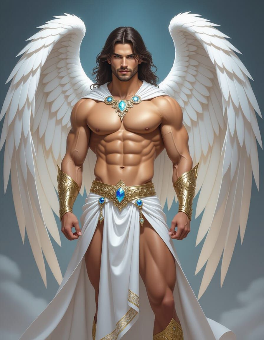 Majestic Male Angel Portrait with Flowing Cape and White Ski...