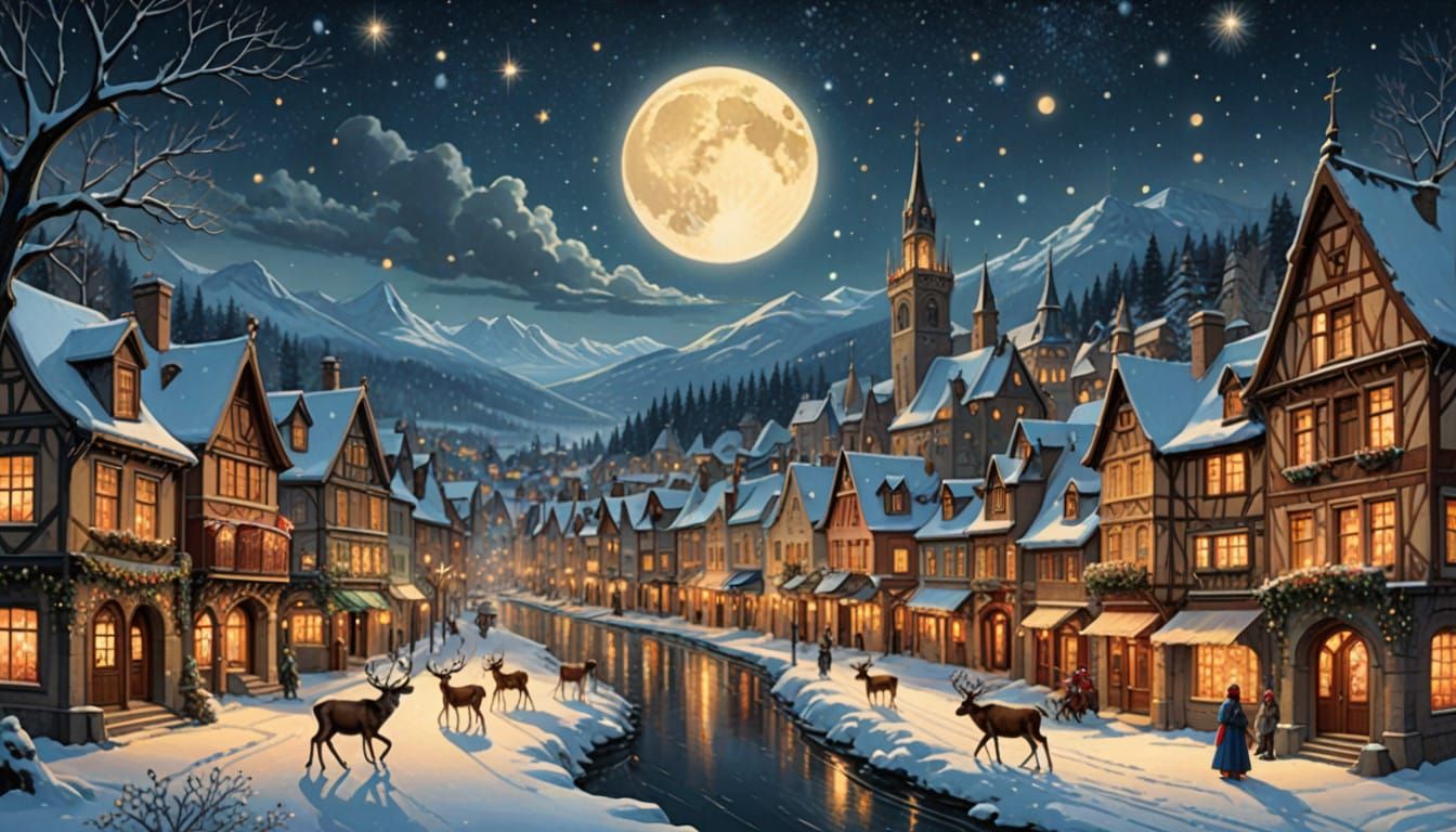 Christmas Eve Night Scene in Art Nouveau Style