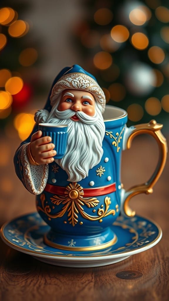 Festive Christmas Mug with Santa Claus in Blue and Gold