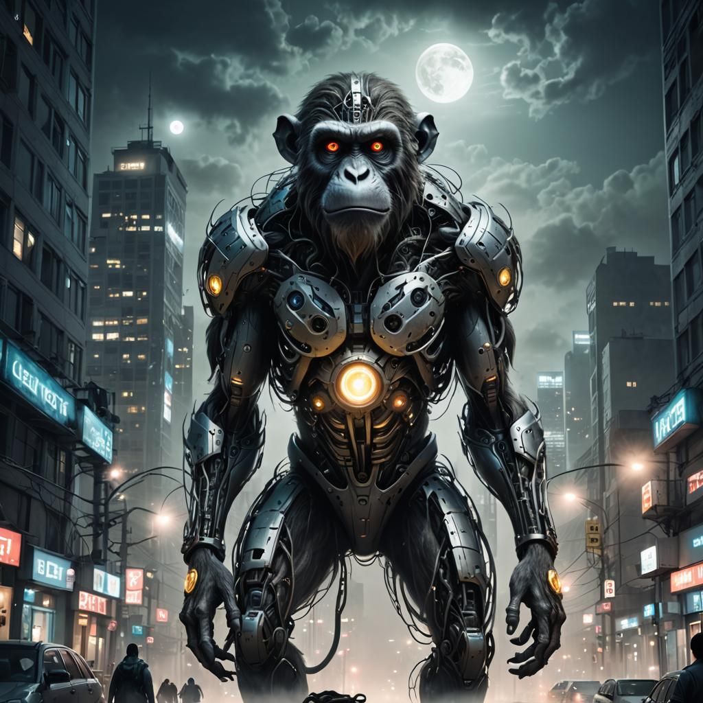 Giant Cybernetic Monkey in Foggy Cityscape