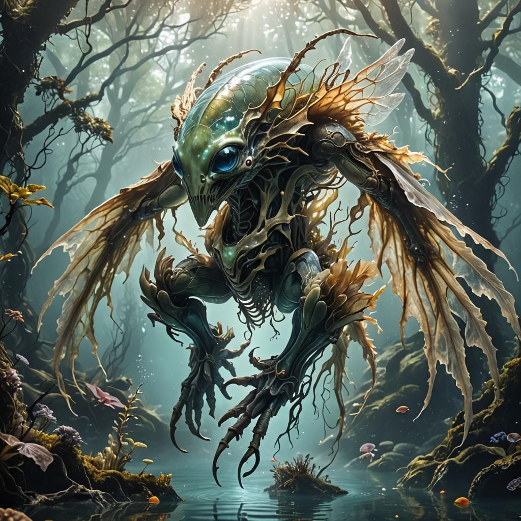 a alien underwater nymph awe inspiring anthropomorphic fit ram horned male albino winged alien creature, big fragile tra...