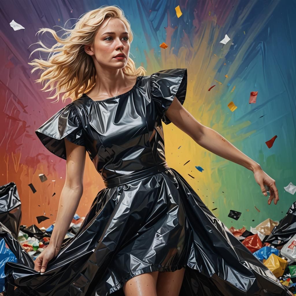 Woman in Trash Bag Dress: Hyperrealistic Splash Art