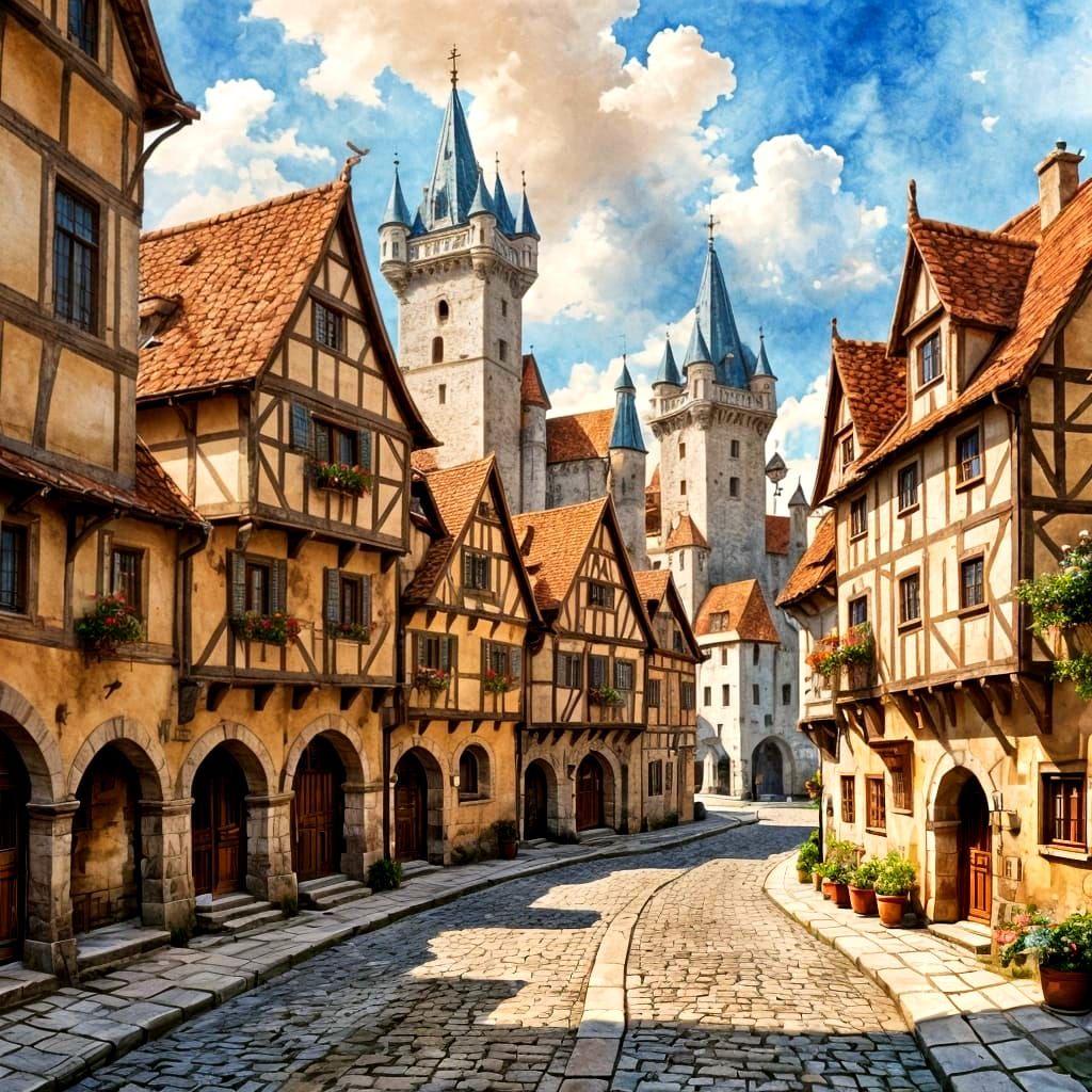 Watercolor Painting of Medieval City and Roads