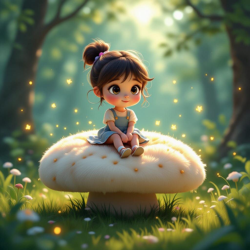 Girl on Giant Mushroom with Fireflies in 3D Cartoon Style