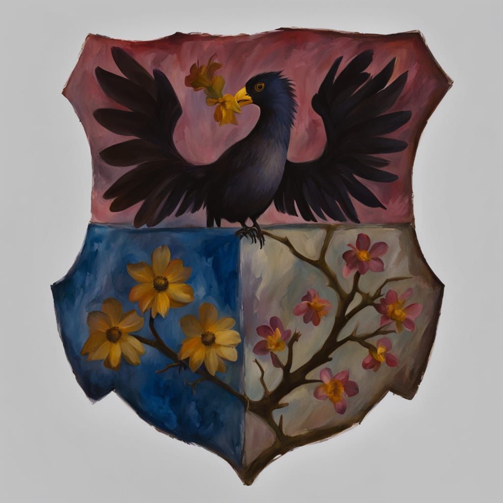 Heraldic Shield Gouache Painting with Intricate Imagery