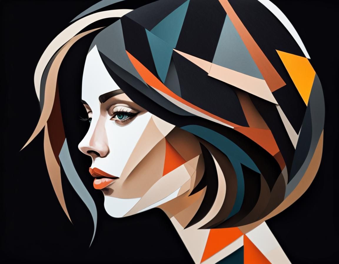 Abstract Cubist Drawing of Tousled Lob Haircut