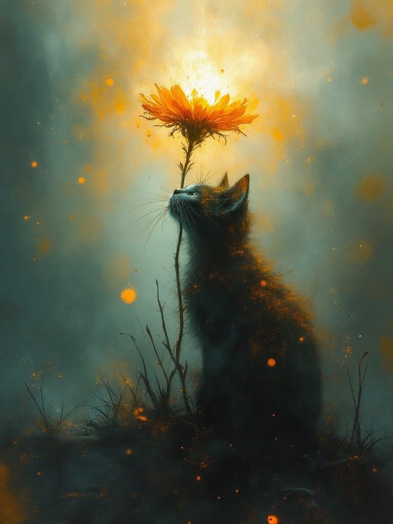 Adorable Cat Under Flower with Smoky Haze