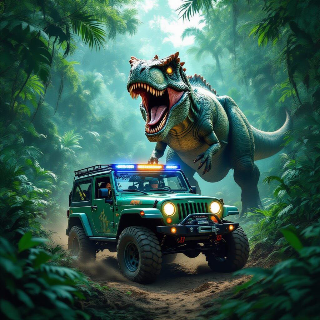 Jungle Adventure: Green Off-Road Vehicle Evades T-Rex