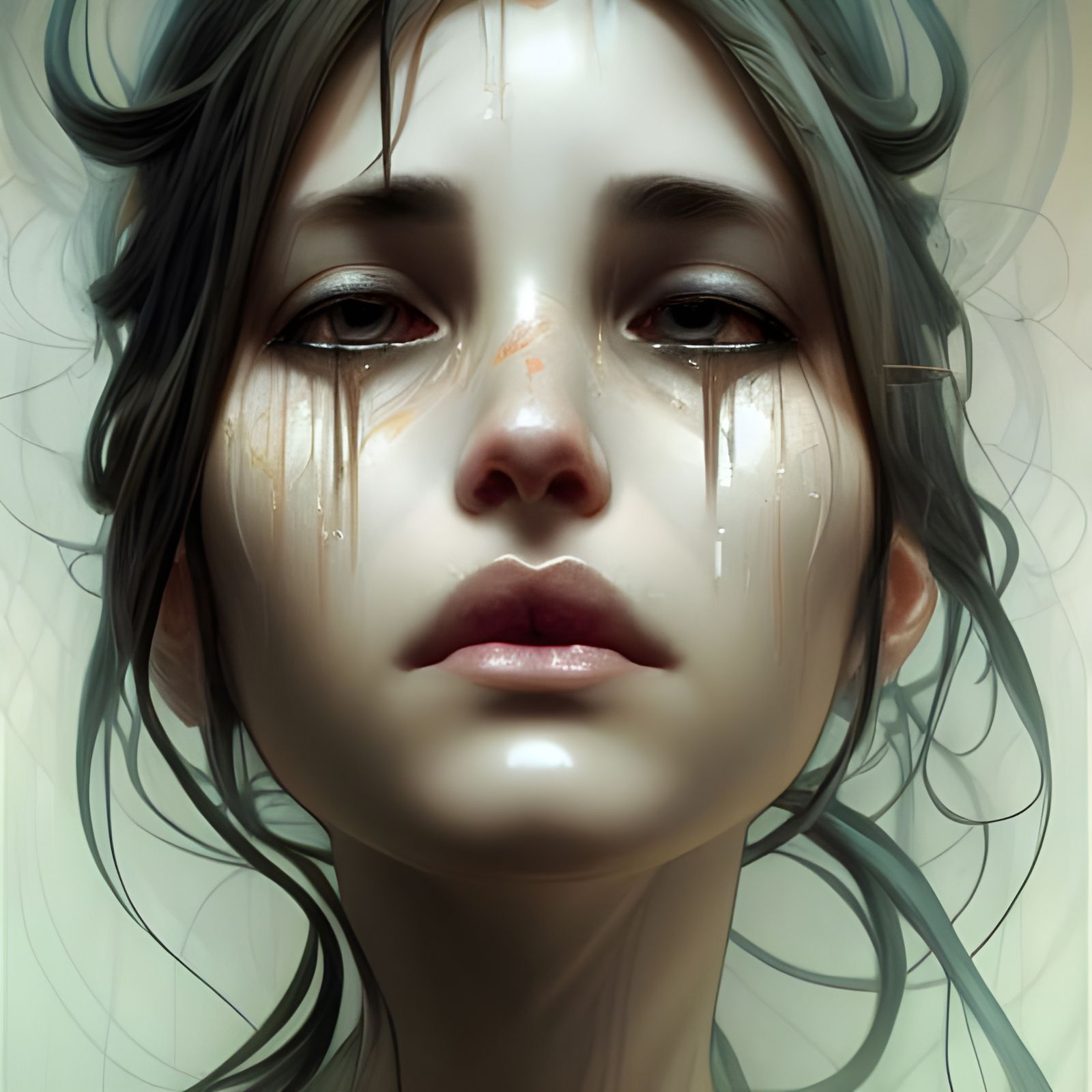 Sorrowful Fractal Tears: Detailed Concept Art Portrait