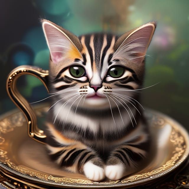 Striped Cat in Enamel Teacup: High-Resolution Fantasy Art