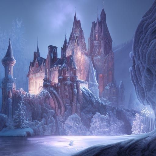 Detailed Frozen Castle in Blizzard Woods