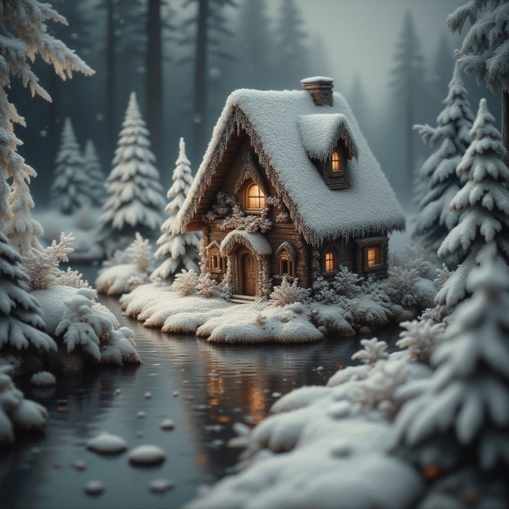 Miniature Gingerbread House in Snowy Forest