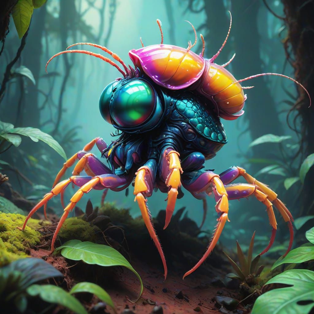 Iridescent Alien Beings in Lush Exoplanet Habitat