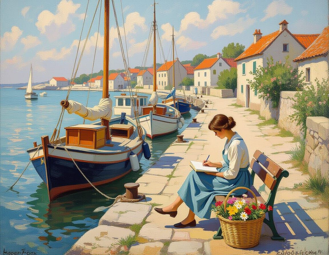 Impressionistic Coastal Town in Afternoon Light