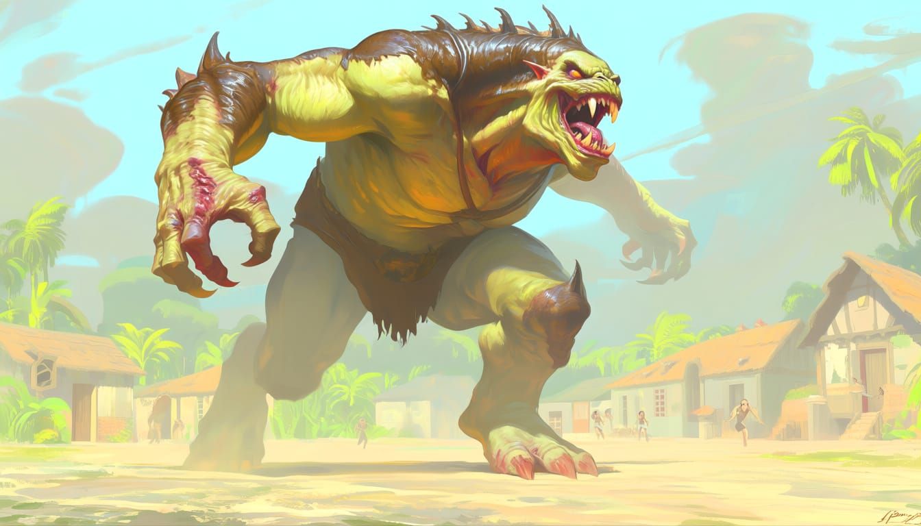 Colossal Monster Attacks Jungle Village in Oil Painting